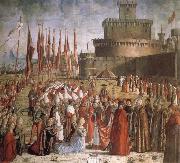 CARPACCIO, Vittore Scenes from the Life of St Ursula:The Pilgrims are met by Pope Cyriacus in front of the Walls of Rome Sweden oil painting artist